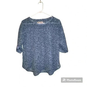 Ann Taylor LOFT sheer blouse Petite Small oversize fit light blue, navy & white